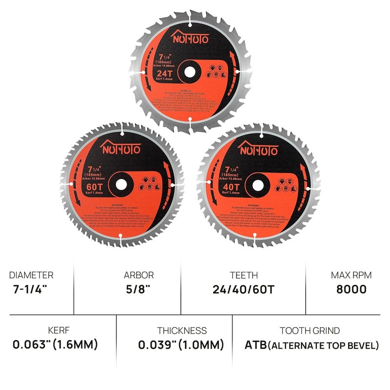 NUTTUTO 3 Pack 7-1/4 Inch 24T&40T&60T Circular Saw Blade, Saw Blade Arbor Size 5/8-inch, TCT ATB for Cutting Wood, Plastic, PVC, Acrylic,by - Image 2